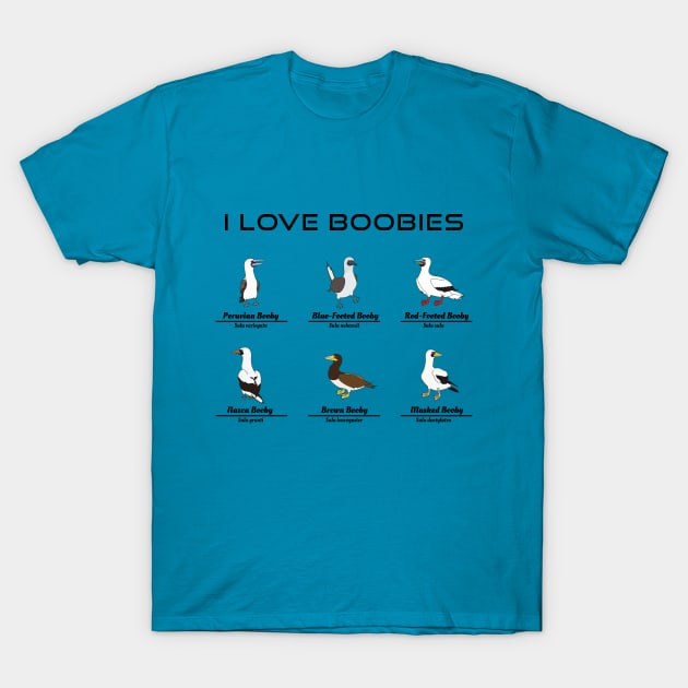 I Love Boobies, Blue Footed Booby Funny T-Shirt by Karlsefni Design